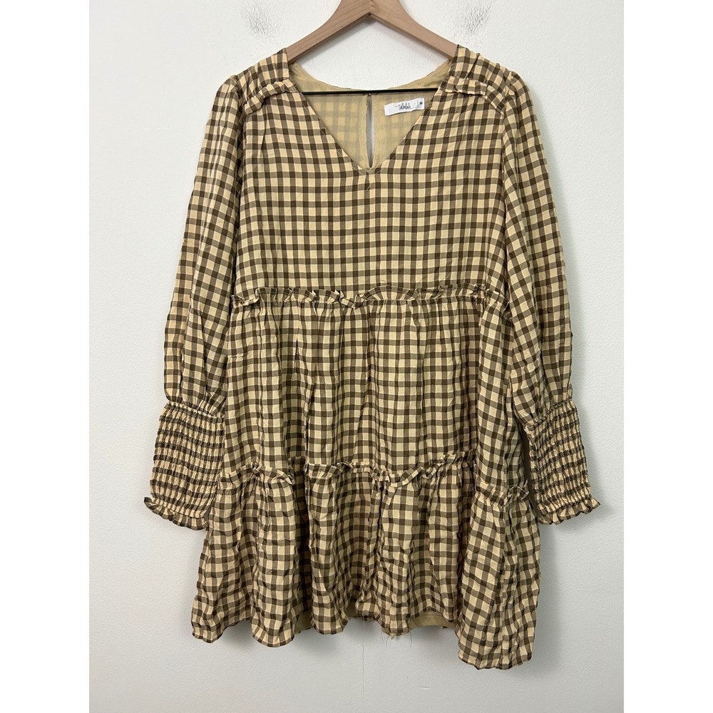 Talulah‎ Womens Brown Gingham Tiered Babydoll Mini Dress Smocked Long Sleeve M